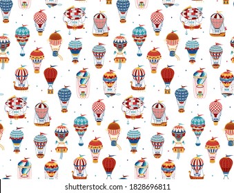 Seamless Pattern with Colorful Hot Air Balloons Isolated On White Background. Vector Illustration.