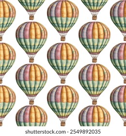 Seamless pattern of colorful hot air balloons on a white background. Perfect for travel-themed designs, wallpapers, and fabric prints. The vibrant colors 