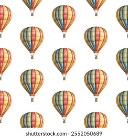 Seamless pattern of colorful hot air balloons on a white background. Perfect for travel-themed designs, wallpapers, and fabric prints. The vibrant colors 