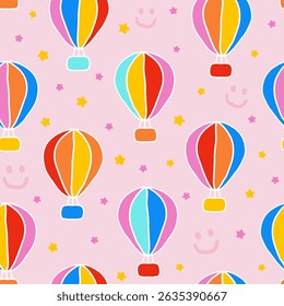 Seamless pattern with colorful hot air balloons and stars