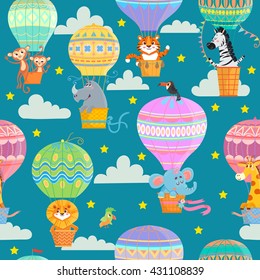 Seamless pattern with colorful  hot air balloons and animals. Vector illustration.