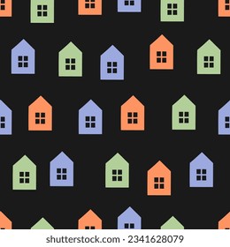 Seamless pattern with colorful house and black background