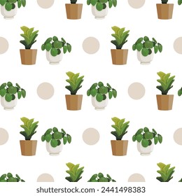 Seamless pattern with colorful houseplant in pot. Vector endless background with cute plant in flowerpot