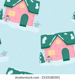 Seamless pattern of colorful houses and fir trees. Vector illustration.