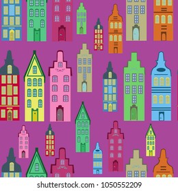 Seamless pattern of colorful houses on vintage purple background
