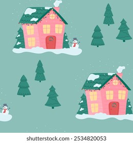 Seamless pattern of colorful houses, snowmen and fir trees. Vector illustration in a flat style.