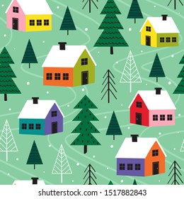 seamless pattern with colorful houses in winter time  - vector illustration, eps    
