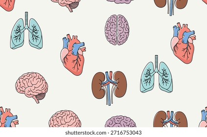 Seamless pattern of colorful human internal organs, including brains, hearts, lungs, and kidneys, depicted in a stylized, illustrative manner on a light background, perfect for medical or educational themes.