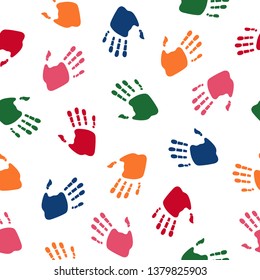 Seamless pattern with colorful human palms. Children's handprint. Symbol of team, friendship, united, support, family. Clean and modern vector illustration for design, web.