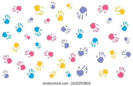 Seamless pattern with colorful human palms. Children's handprint background. Symbol of team, friendship, united, support, family. Clean and modern vector illustration for design, web.