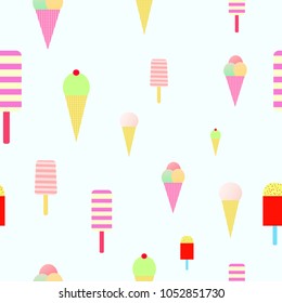 Seamless pattern with colorful ice cream, pastel blue cute background, Vector Illustration