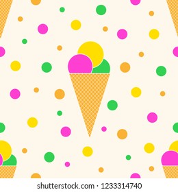 Seamless pattern with colorful ice cream. Vector illustration. Ice cream cones in flat style.