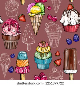 Seamless pattern with colorful ice cream and berries. Tasty dessert vector illustration