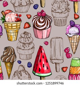 Seamless pattern with colorful ice cream. Tasty dessert vector illustration