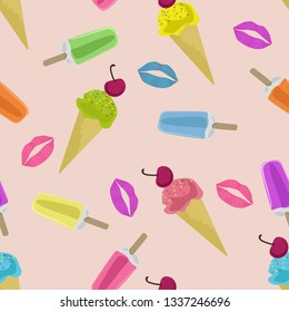 Seamless pattern of colorful ice cream and bright lips