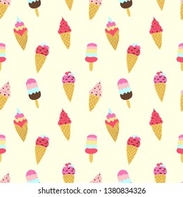 Seamless pattern with colorful ice cream. Hand drawn trendy background. Great for fabric and textile.