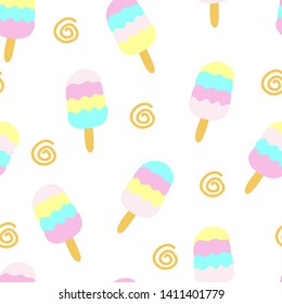 Seamless pattern with colorful ice cream. Hand drawn trendy background. Great for fabric and textile.