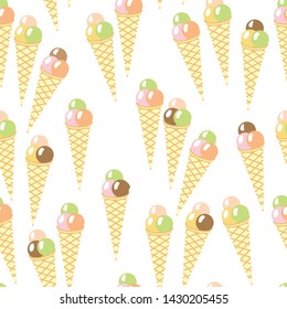 seamless pattern of colorful ice cream balls in waffle cups.delicate colors, white background. vector illustration. EPS 10.