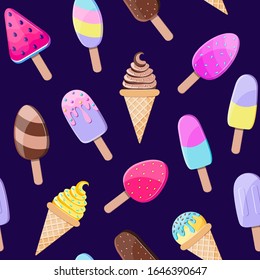 Seamless pattern with colorful ice cream on dark background