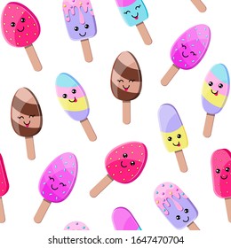 Seamless pattern with colorful ice cream in kawaii style on white background