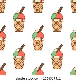 Seamless pattern with colorful ice cream balls and a straw in a waffle cup on a white background. The concept of sweets, delicious food, cafe, walks. Vector illustration