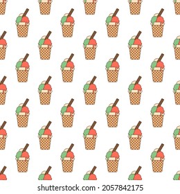 Seamless pattern with colorful ice cream balls and a straw in a waffle cup on a white background. The concept of sweets, delicious food, cafe, walks. Vector illustration