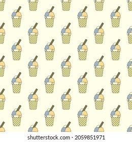 Seamless pattern with colorful ice cream balls and a straw in a waffle cup on a beige background. The concept of sweets, delicious food, cafe, walks. Vector illustration
