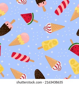 Seamless pattern of colorful ice cream, stars and polka dots. Background for poster, print, cards, wrapping paper, clothes decoration and ice cream shop