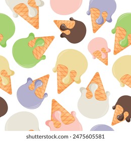 seamless pattern of colorful ice cream balls in waffle cones of different sizes, for posters, banners or packaging