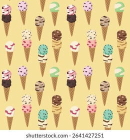 Seamless Pattern with Colorful Ice Cream on Yellow Backgound