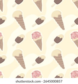 Seamless pattern with colorful ice cream cones and popsicles on a light background