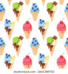Seamless pattern with colorful ice cream cones with fruits and chocolate topping on white background in cartoon style. Perfect for dessert summer sweet food and children design themes.