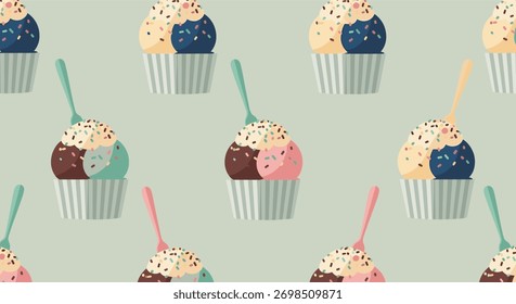 Seamless pattern of colorful ice cream scoops with sprinkles in striped cups, featuring various flavors and spoons on a light green background.
