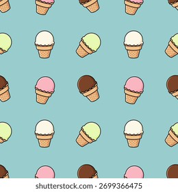 Seamless pattern of colorful ice cream cones on light blue background, perfect for dessert themes, summer treats, packaging, kids content, and food design.