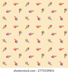 Seamless pattern of colorful ice cream cones on a soft beige background. Cute, playful design perfect for summer themes, textiles, wrapping paper, and digital backgrounds.