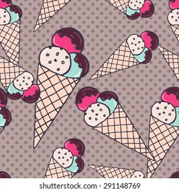 Seamless pattern with colorful ice cream cones on polka dot background. Vector illustration eps8