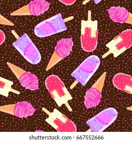 Seamless pattern with colorful ice cream cone and popsicle. Summer texture for textile, fabric, wallpaper.
