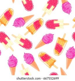 Seamless pattern with colorful ice cream cone and popsicle. Summer texture for textile, fabric, wallpaper.