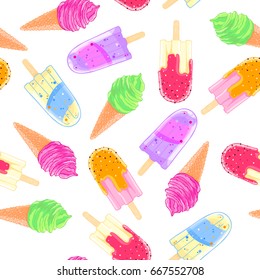 Seamless pattern with colorful ice cream cone and popsicle. Summer texture for textile, fabric, wallpaper.