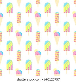 Seamless pattern. Colorful ice cream pattern perfect for restaurant menu backdrop,food concept, ice cream bar, t-shirts, cards and prints. Vector illustration with ice cream and popsicle.