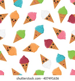Seamless pattern with colorful ice cream.Collection of ice cream.Cute kawaii smiling ice cream .Baby and kids style abstract background.