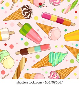 Seamless pattern of colorful ice creams on pink background with stars and circles. Cartoon illustration for web, site, advertising, banner, poster, flyer, business card. Vector illustration.