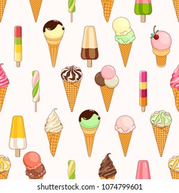 Seamless pattern of colorful ice creams on pink background with stars and circles. Cartoon illustration for web, site, advertising, banner, poster, flyer, business card. Vector illustration.