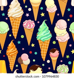 Seamless pattern of colorful ice creams on dark blue background with stars and circles. Cartoon illustration for web, site, advertising, banner, poster, flyer, business card. Vector illustration.