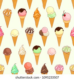 Seamless pattern of colorful ice creams on gently beige background with stars and circles. Cartoon illustration for web, site, advertising, banner, poster, flyer, business card. Vector illustration.