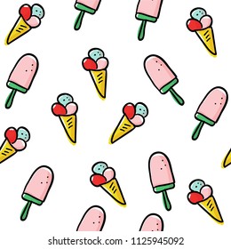 Seamless pattern with colorful ice creams isolated on white. Summer wallpaper. Summer vacation vector background
