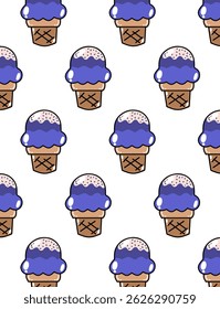 Seamless pattern of colorful ice creams in a fun, cartoon style. Bright and playful design perfect for summer products, kids' items, textiles, wrapping paper, and backgrounds.