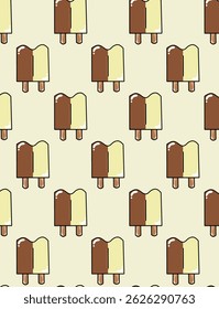 Seamless pattern of colorful ice creams in a fun, cartoon style. Bright and playful design perfect for summer products, kids' items, textiles, wrapping paper, and backgrounds.