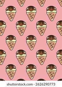 Seamless pattern of colorful ice creams in a fun, cartoon style. Bright and playful design perfect for summer products, kids' items, textiles, wrapping paper, and backgrounds.