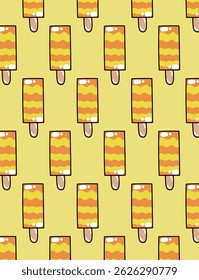 Seamless pattern of colorful ice creams in a fun, cartoon style. Bright and playful design perfect for summer products, kids' items, textiles, wrapping paper, and backgrounds.
